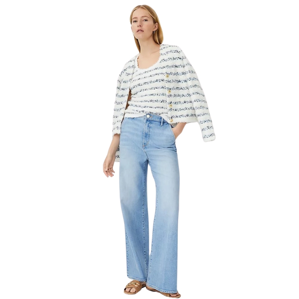 Ann Taylor Tweedy V-Neck‎ Fuzzy Sweater Jacket Tank Set Bouclé Knit White Navy L